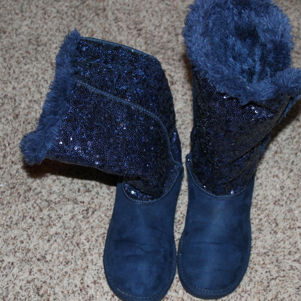 Justice Girls glitter navy fur boots 6 teen store
